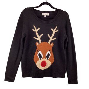 Carolyn Taylor Womens Christmas Sweater Size Medium‎ Reindeer Face Black Holiday